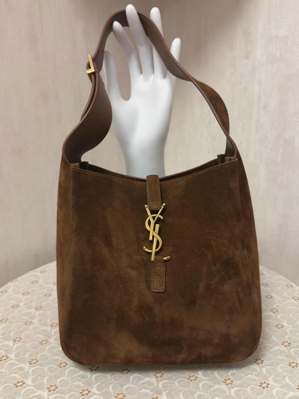 Authentic Yves Saint Laurent Brown Suede Hobo with Gold YSL Logo
